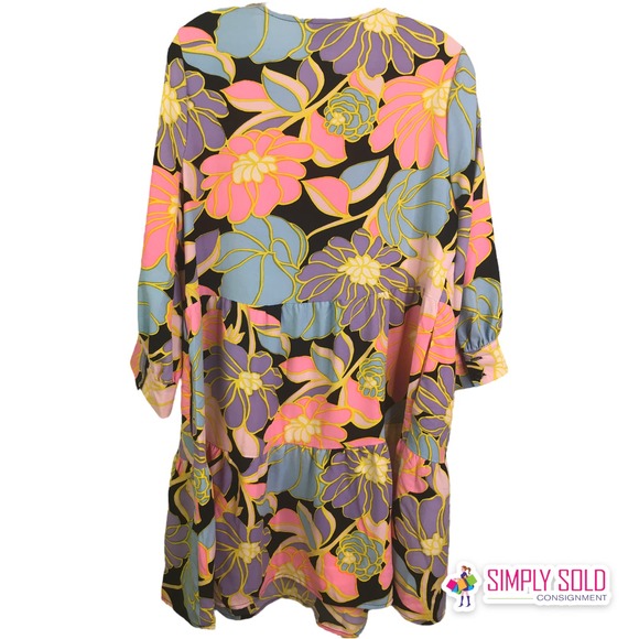 Who What Wear Women's Black Pink Floral Dress Mini Puff Sleeve 3/4 Bohemian Sz M - Picture 4 of 9